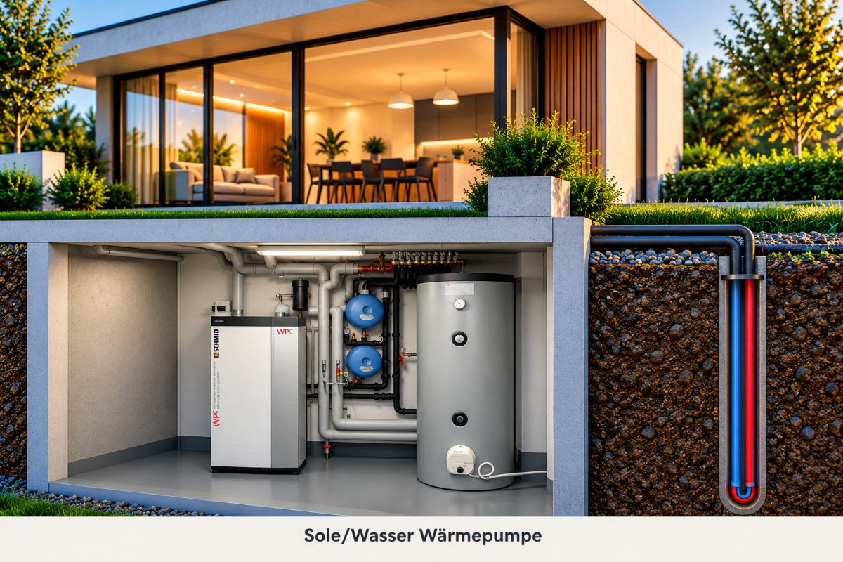 Sole-Wasser-Wärmepumpe mit Erdsonde im Schnitt