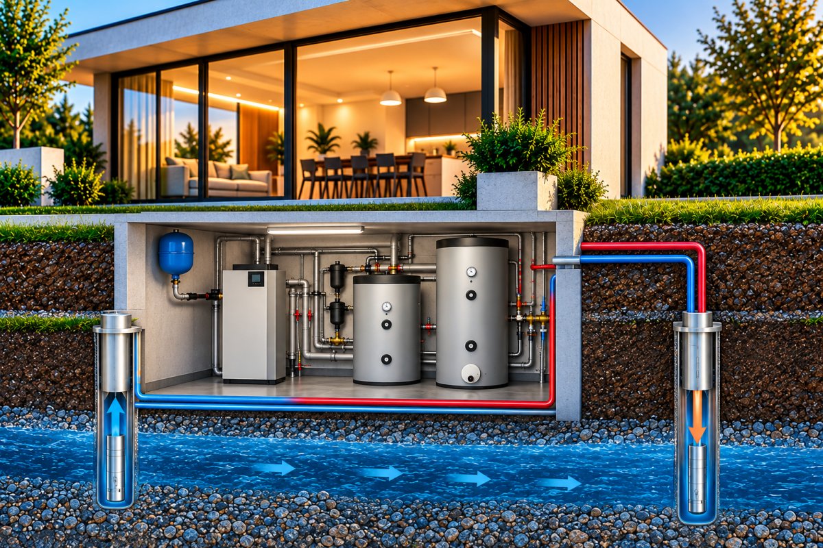 Grundwasser-Wärmepumpe mit Förder- und Rückgabebrunnen im Hausquerschnitt