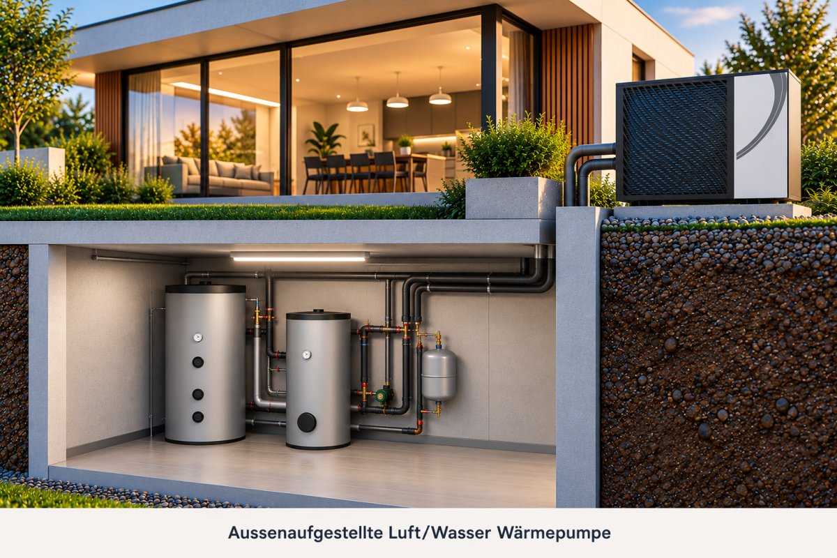 Aussen aufgestellte Luft-Wasser-Wärmepumpe bei einem modernen Einfamilienhaus