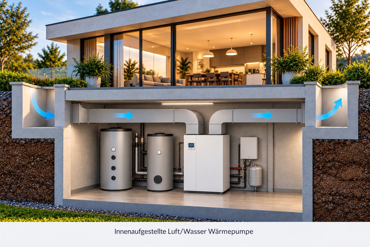 Innen aufgestellte Luft-Wasser-Wärmepumpe im Keller mit Luftkanälen