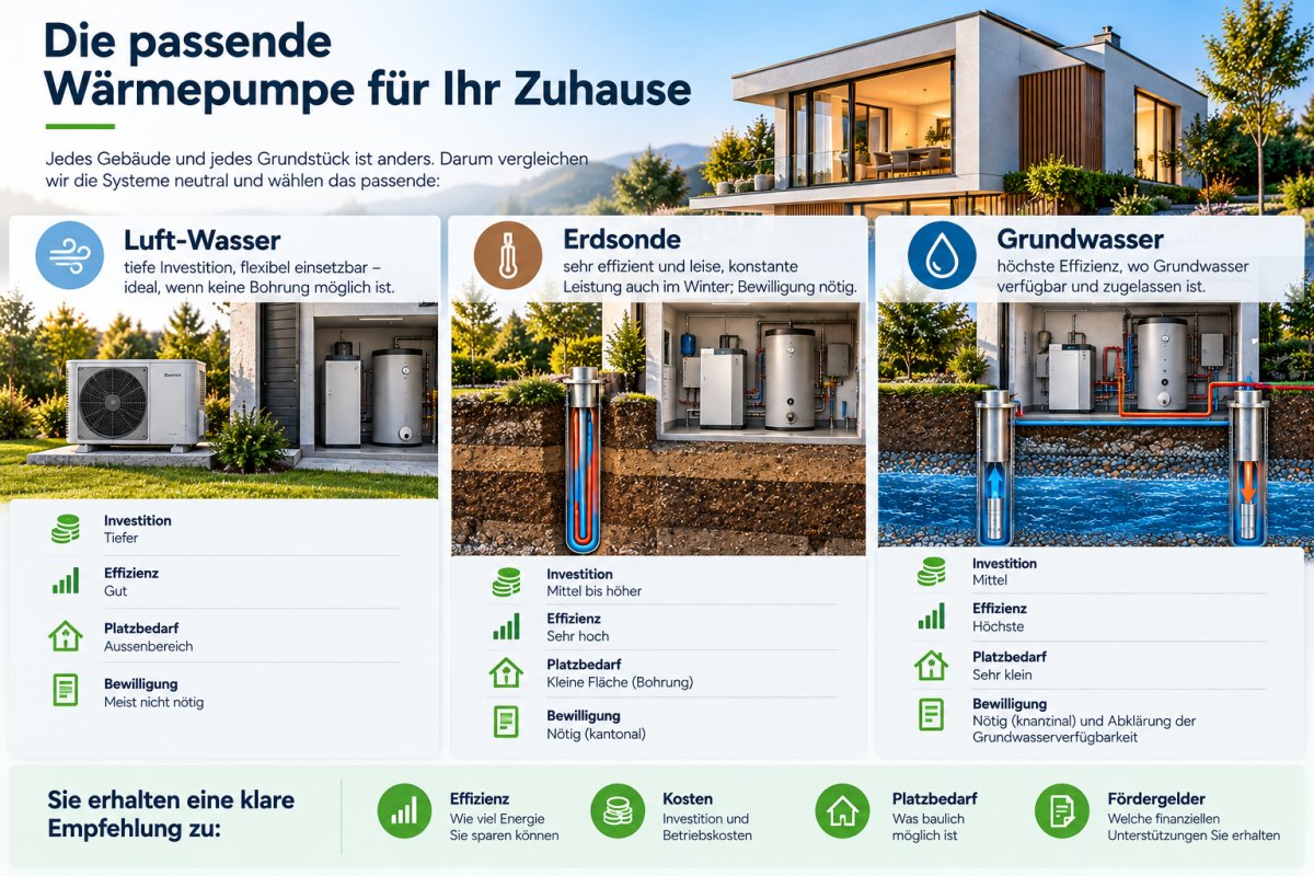 Wärmepumpen im Vergleich: Luft-Wasser, Erdsonde und Grundwasser fürs Zuhause